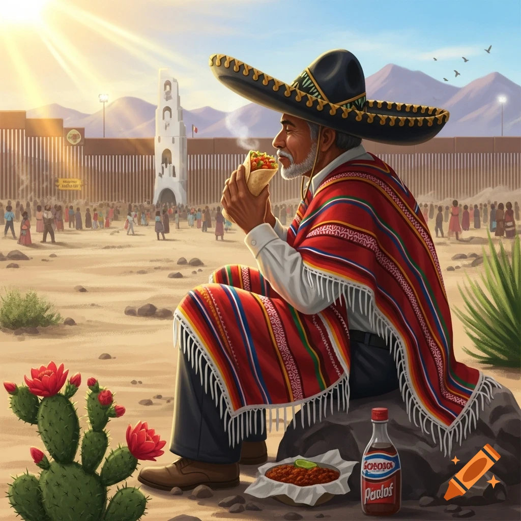 Man in sombrero and poncho eats a burrito in a desert, with a border wall and crowds behind him, illustrated.