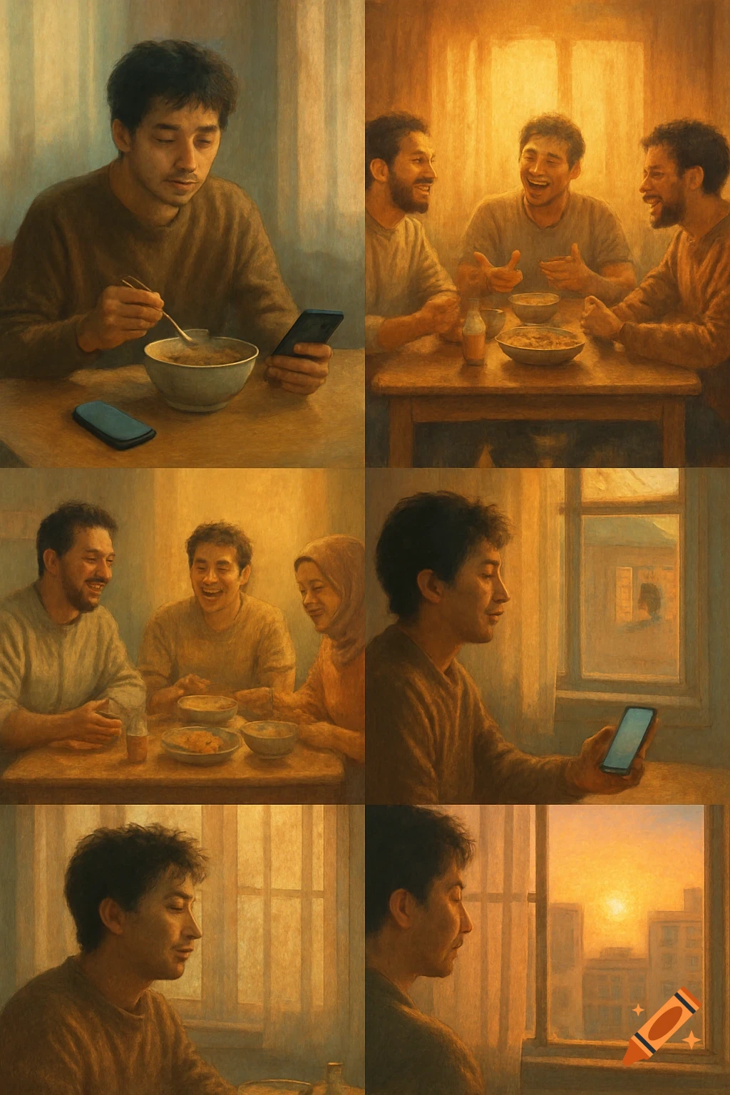 A multi-panel, painterly image showing a man eating alone, friends and family sharing meals, and a man looking out a window at a sunrise.