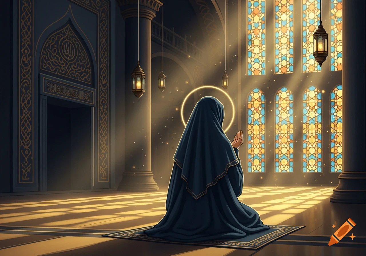A Muslim woman in a dark blue jilbab kneels on a prayer mat inside a mosque with stained glass windows, bathed in golden light.