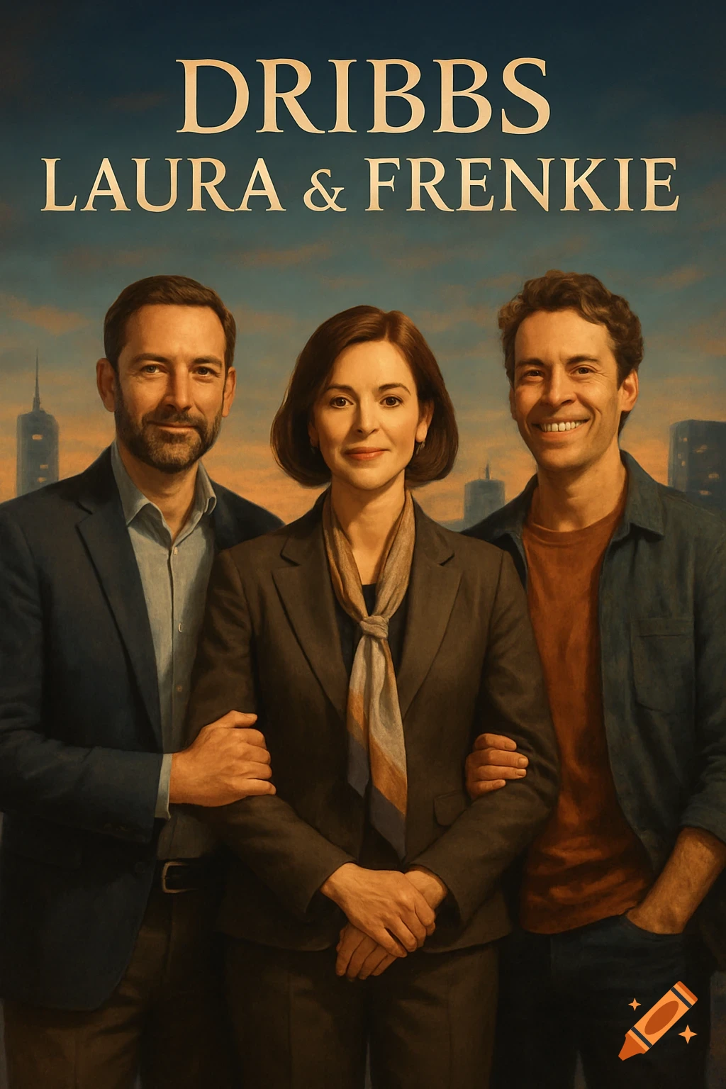Poster art for Dribbs Laura & Frenkie, featuring three adults, two men and a woman, posing against a city skyline.