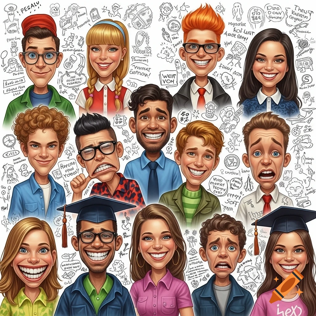 A collage of diverse young adults, depicted in a funny, exaggerated caricature style, against a white background with many doodle-like drawings and gibberish text, resembling a yearbook page.