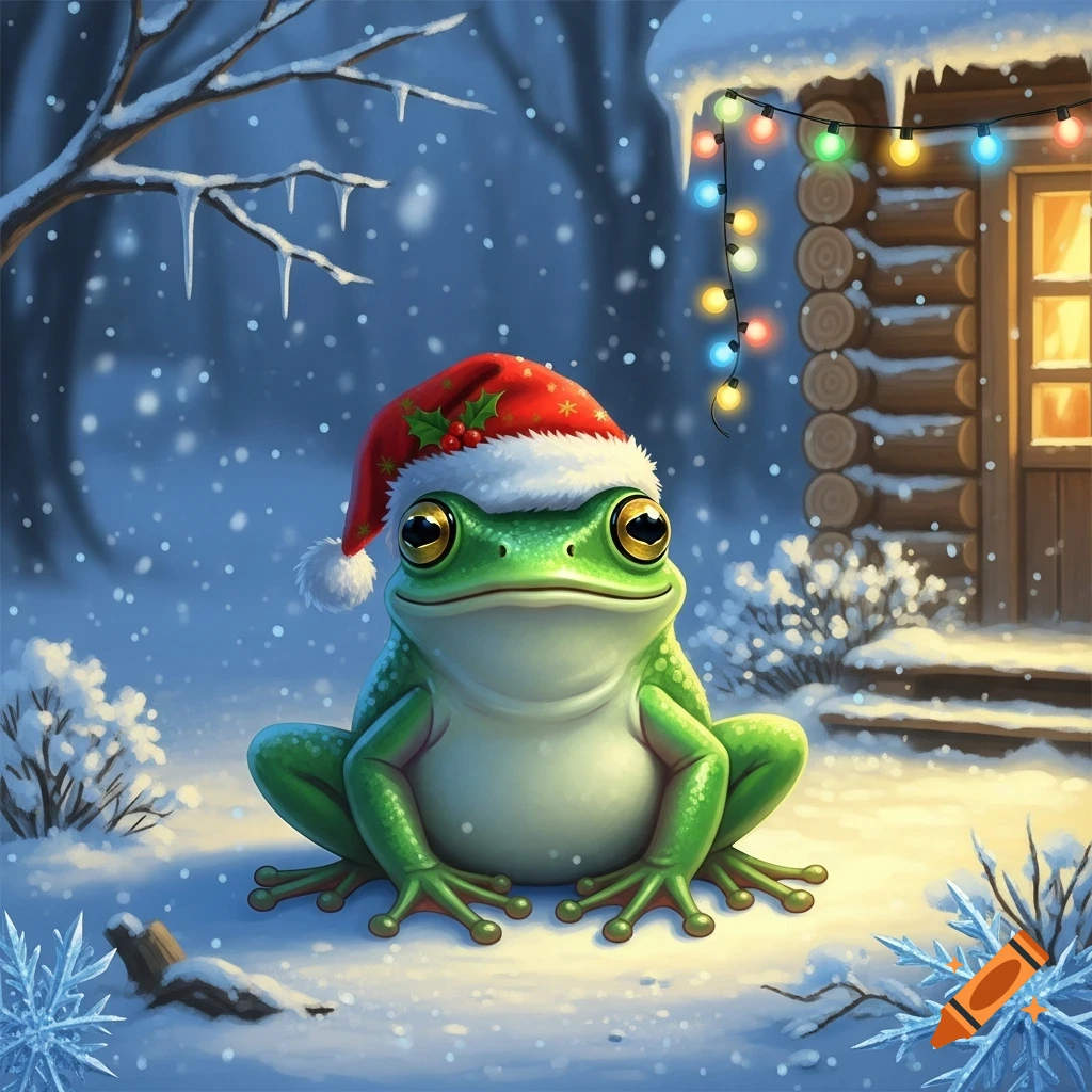 A cartoon frog wearing a red Santa hat sits in a snowy landscape with a log cabin and colorful Christmas lights in the background.