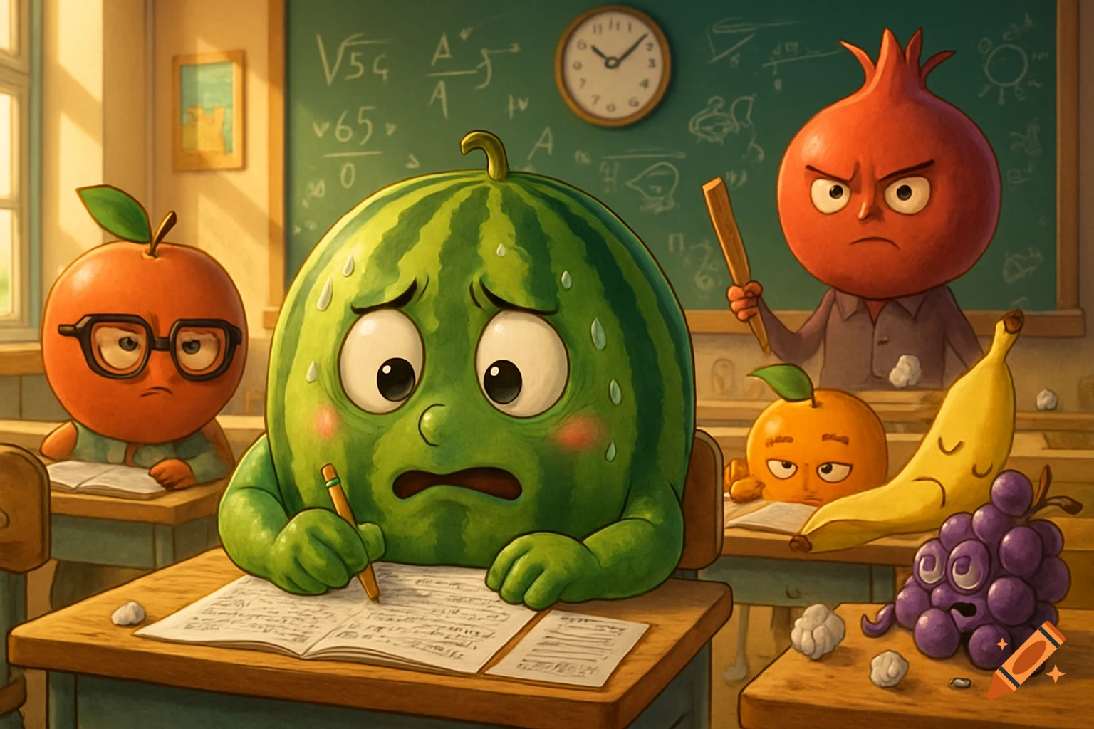 A nervous anthropomorphic watermelon takes an exam in a cartoon classroom, surrounded by other fruit students and a strict pomegranate teacher.