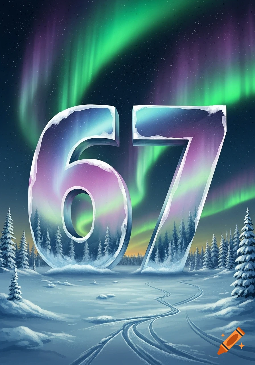 Large ice numbers '67' standing in a snowy winter landscape under a vibrant aurora borealis sky with pine trees.