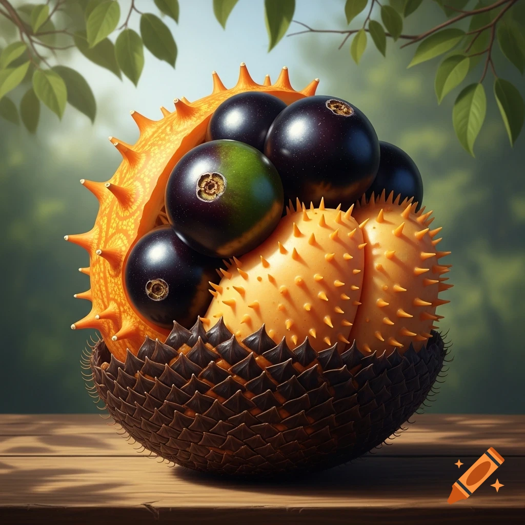 A photorealistic blend of fruits: a spiky orange kiwano/salak-like fruit filled with dark jaboticaba berries, in a textured bowl on wood.