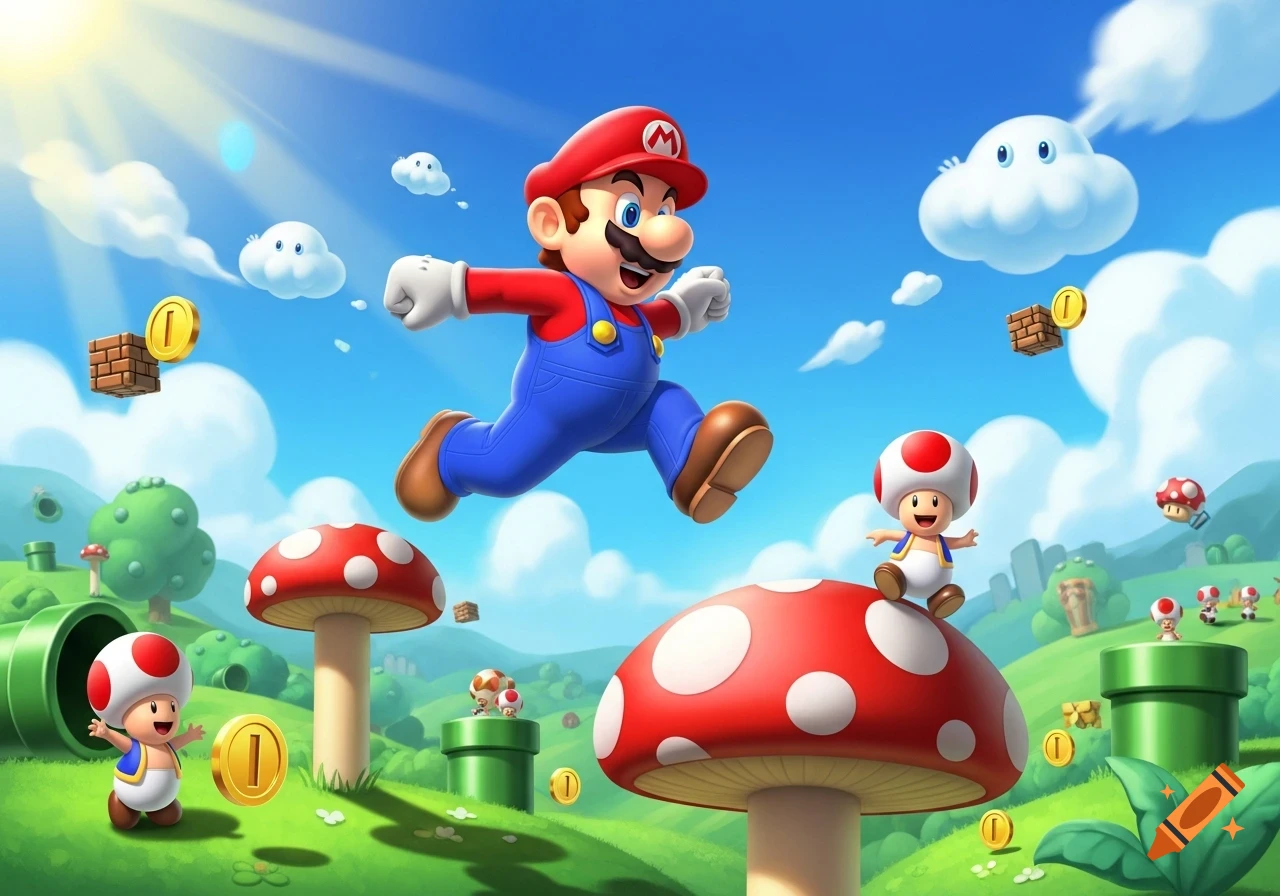 Mario jumps in a vibrant, colorful Super Mario world with Toads, mushrooms, coins, and pipes under a bright blue sky.
