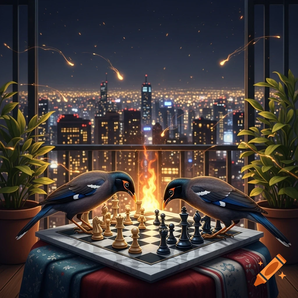 Two mynah birds play chess on a rooftop at night, overlooking a glowing city skyline with sparks.