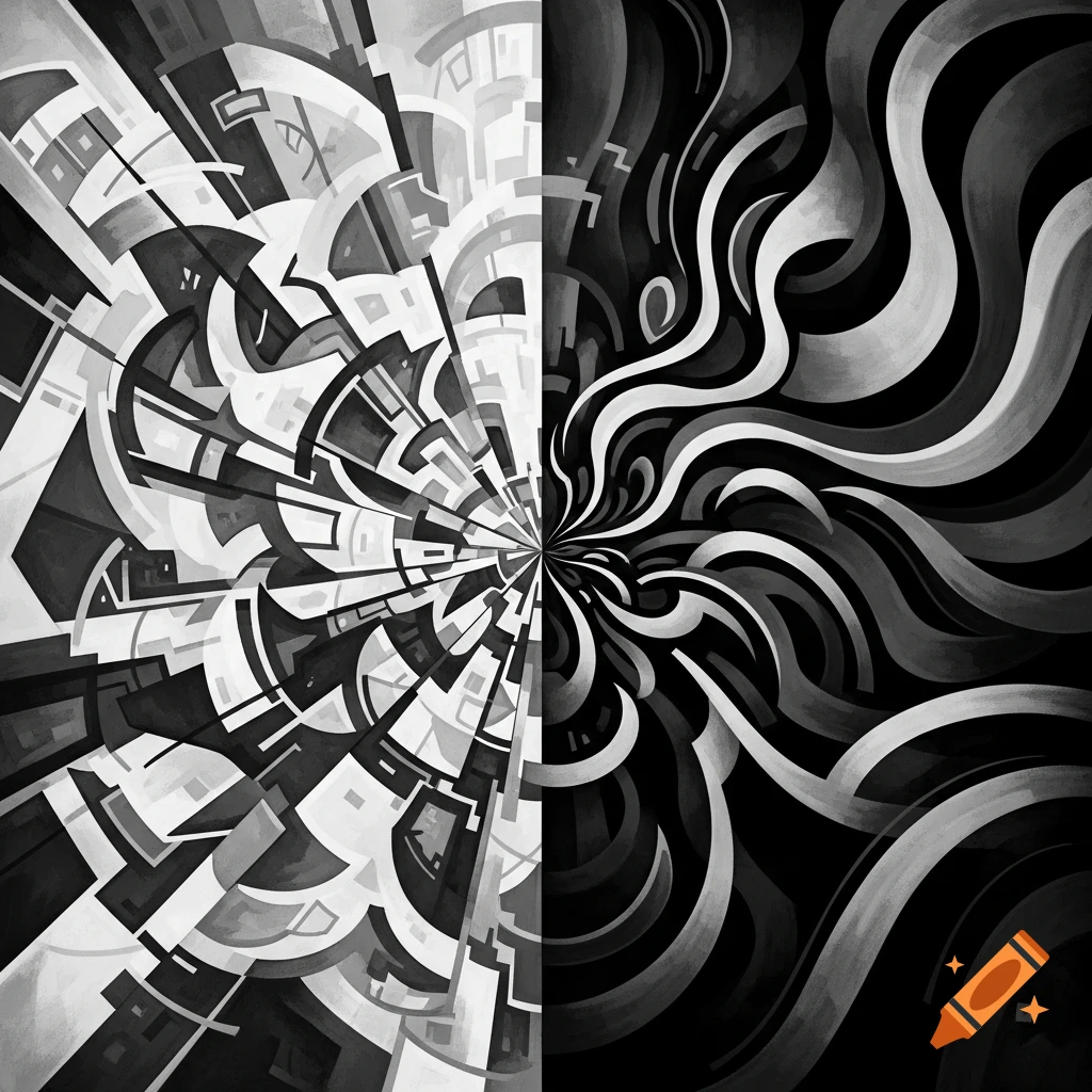 Black and white abstract image split vertically, with geometric patterns on the left and flowing, organic shapes on the right.