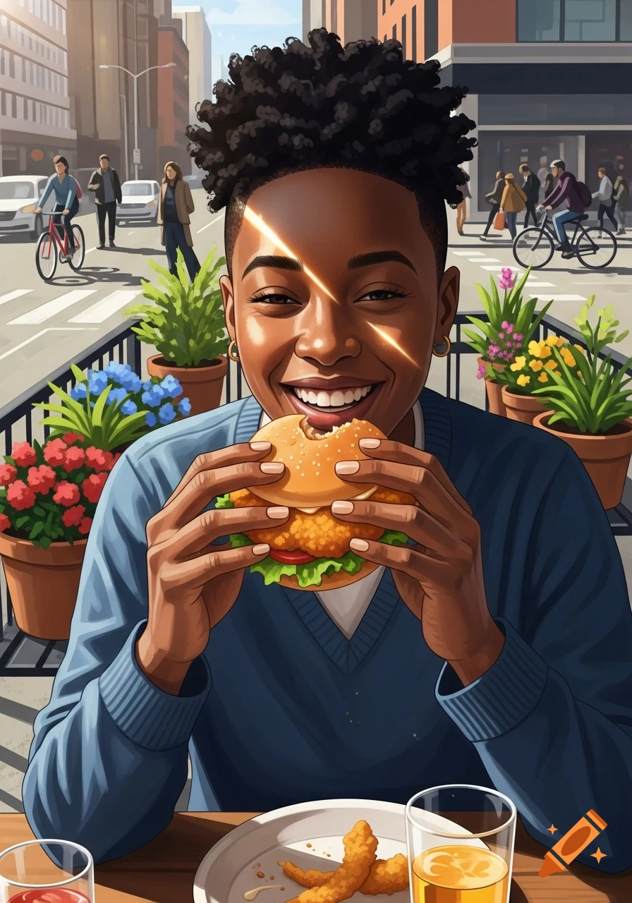 A smiling Black person in an illustrated style eats a fried chicken sandwich at an outdoor cafe on a city street.