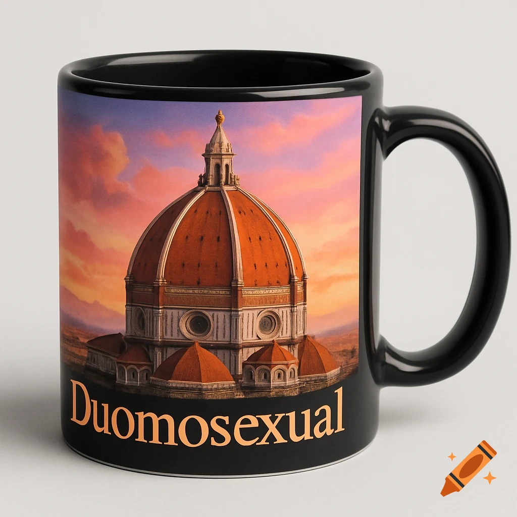 Black mug featuring a depiction of the Florence Duomo under a sunset sky, with the word 'Duomosexual' printed in gold.