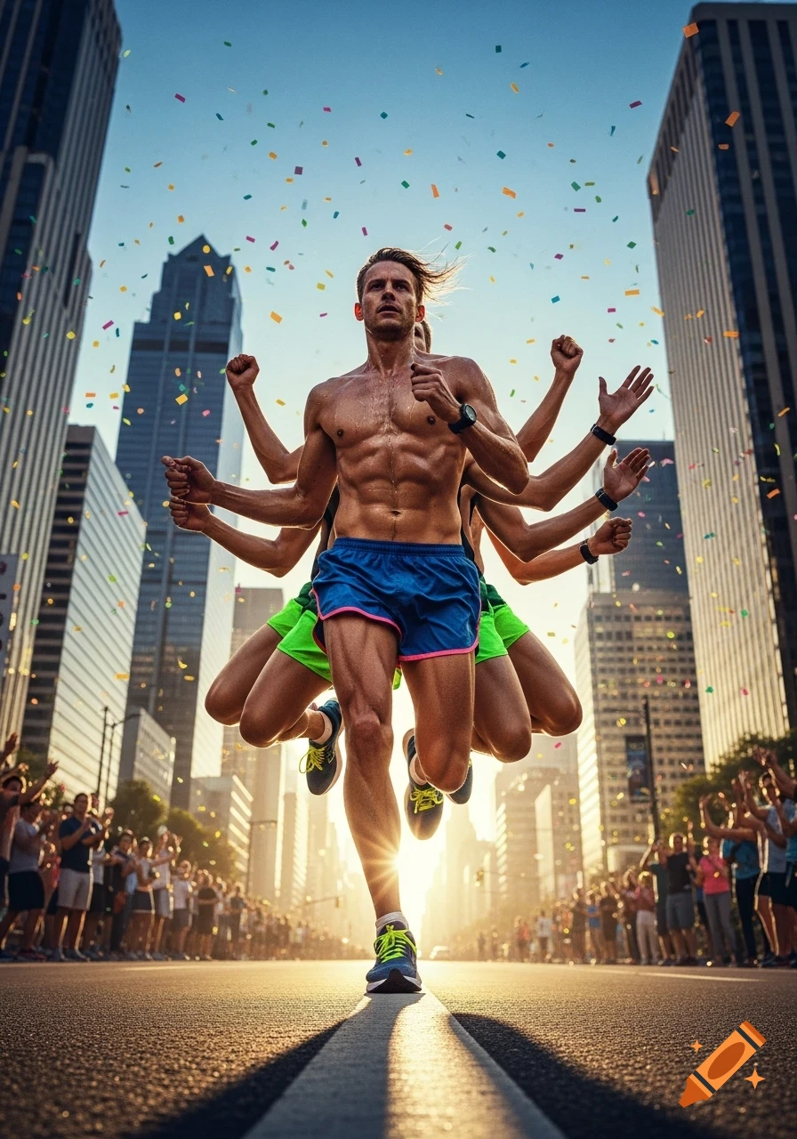 Shirtless male marathon runner with multiple arms and legs sprints down a sunny city street with confetti and crowds, photorealistic.