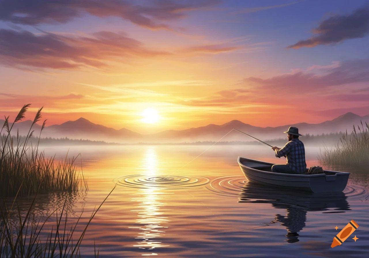 A man in a hat fishes from a boat on a calm lake at sunset, with mountains and reeds in the vibrant background.