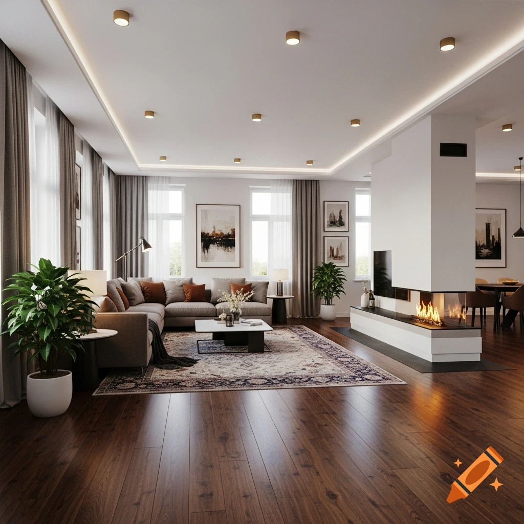 A spacious, modern living room with dark wood floors, a large grey sectional sofa, a contemporary fireplace, and large windows.