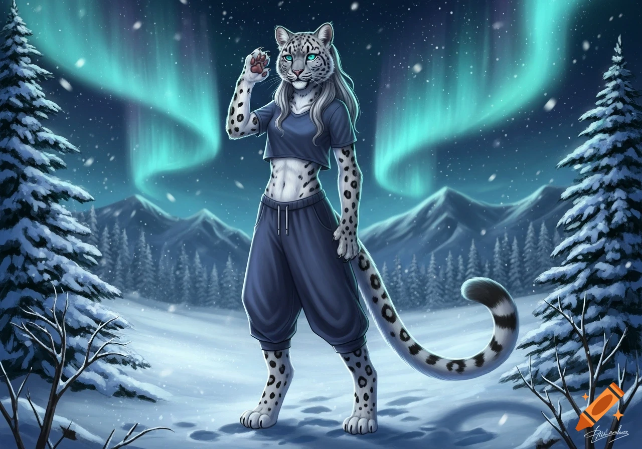 A snow leopard demi-human with white hair and teal eyes, wearing a crop top and baggy pants, stands in a snowy arctic landscape under the aurora borealis.