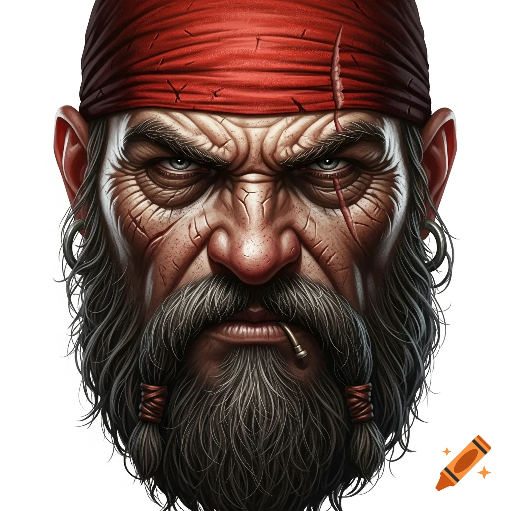 Close-up of a grizzled pirate's face with a red bandana, long gray beard, scars, and a pipe, in a detailed, stylized art style.