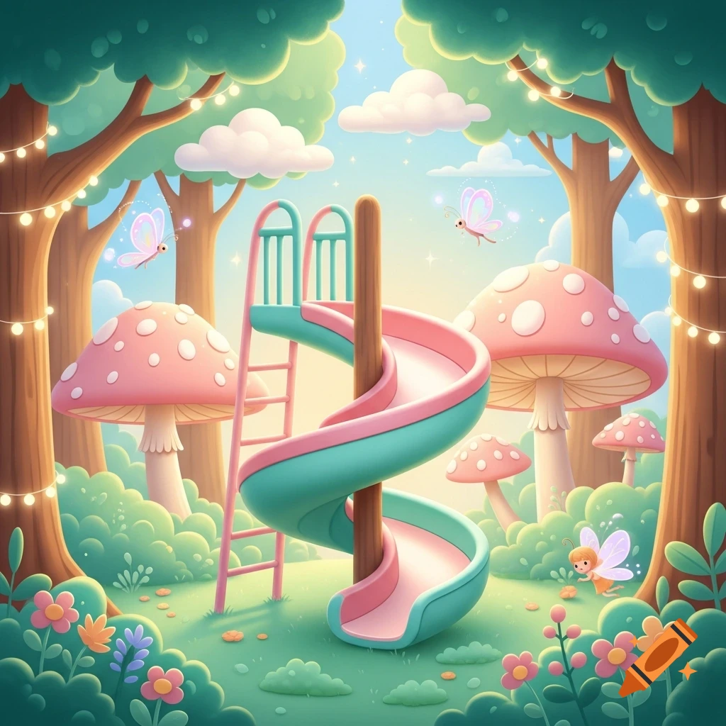 A whimsical cartoon slide in a pastel magical forest with large pink mushrooms, trees, fairy lights, butterflies, and a small fairy.
