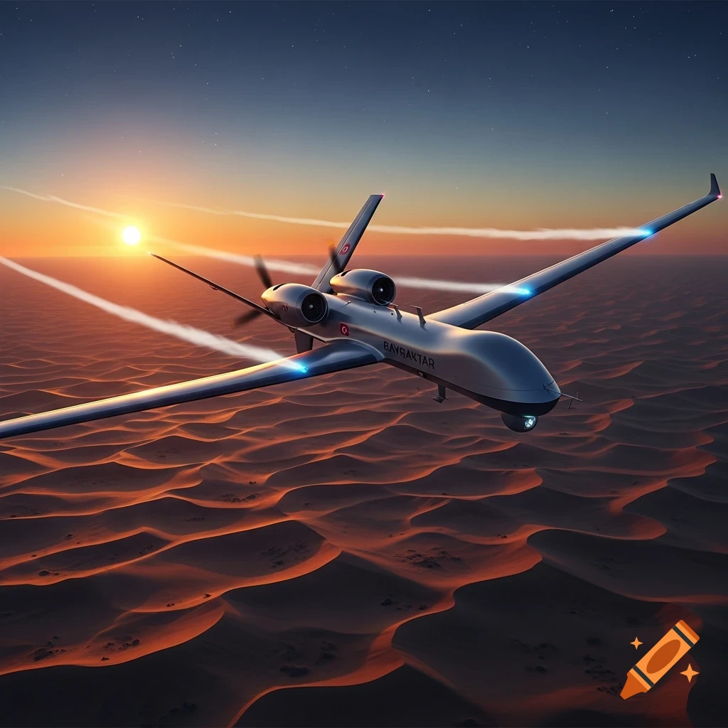 A photorealistic drone, with 'BAYRAKTAR' written on its side, flies over a vast desert at sunset, casting long shadows.