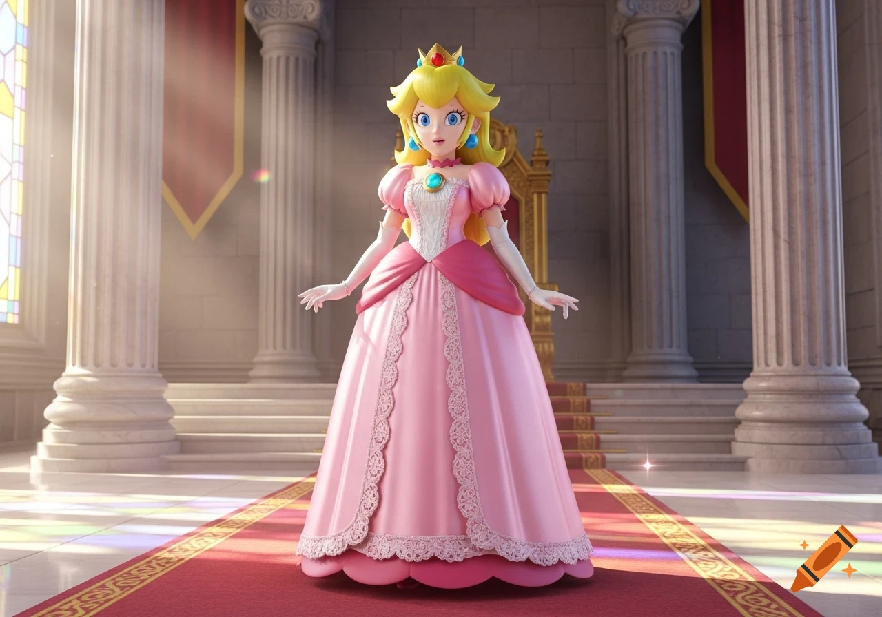 Princess Peach stands in a grand castle hall with pillars and a red carpet, bathed in sunlight from a stained glass window.
