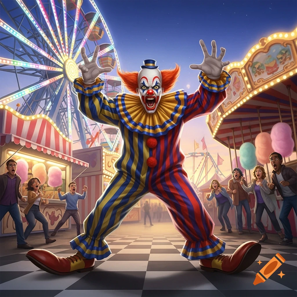 A vibrant illustration depicts a menacing clown with red hair and a striped suit, arms raised, at a bustling carnival with frightened people.