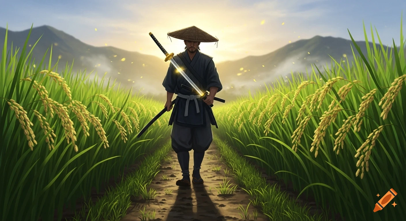 A samurai in a conical hat walks through a vibrant green rice field, carrying a gold-shining katana in a digital painting style.