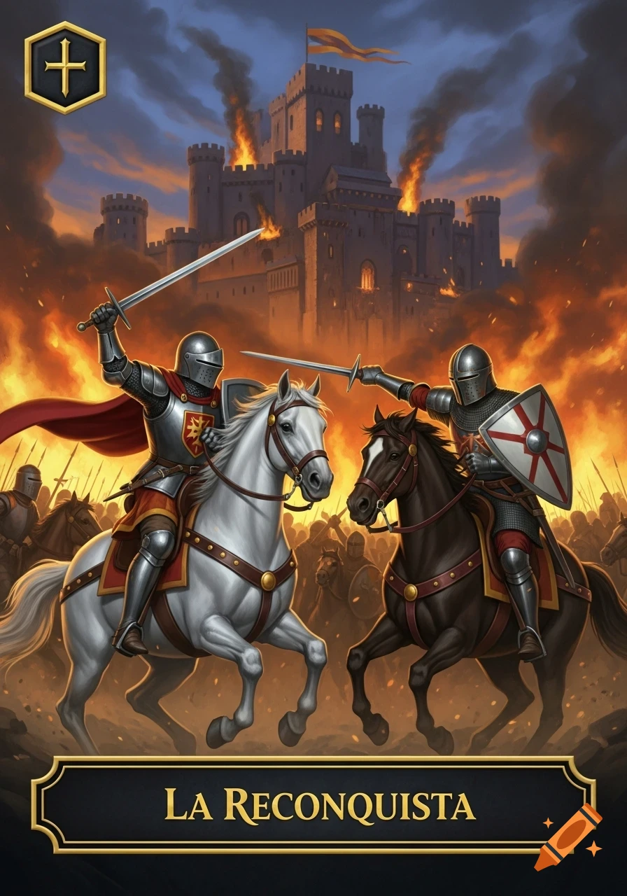 Two knights on horseback duel in front of a burning castle and army. A banner reads "LA RECONQUISTA".