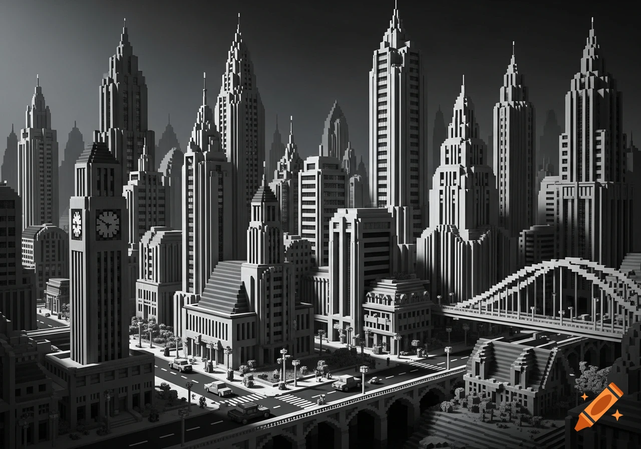 Grayscale art deco city made of blocks, featuring tall skyscrapers, bridges, and a prominent clock tower in a voxel art style.