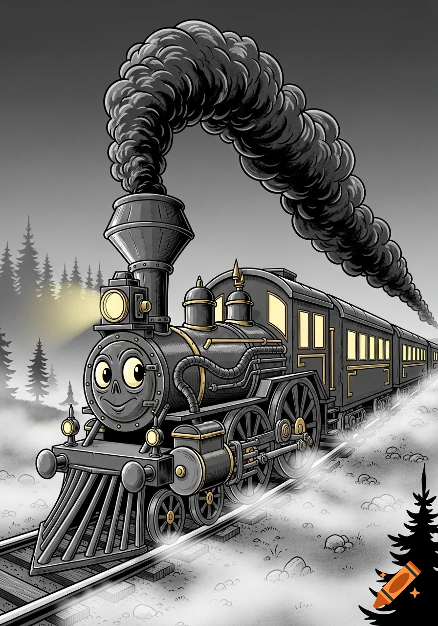A black and gold cartoon train with a smiling face, emitting thick smoke, travels through a foggy, dark forest in rubber hose style.