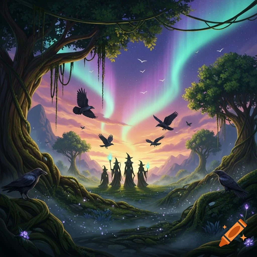 A fantasy scene depicting several cloaked witches and ravens in a magical forest under a vibrant aurora borealis sky.