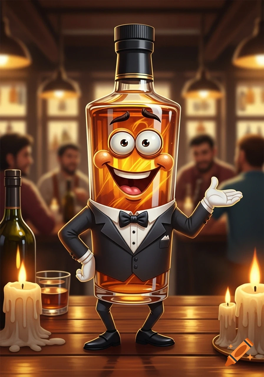 A smiling, anthropomorphic whiskey bottle character in a tuxedo, with arms and legs, stands on a wooden bar counter. Candles and a drink are beside it, with a blurred bar interior and patrons in the background.