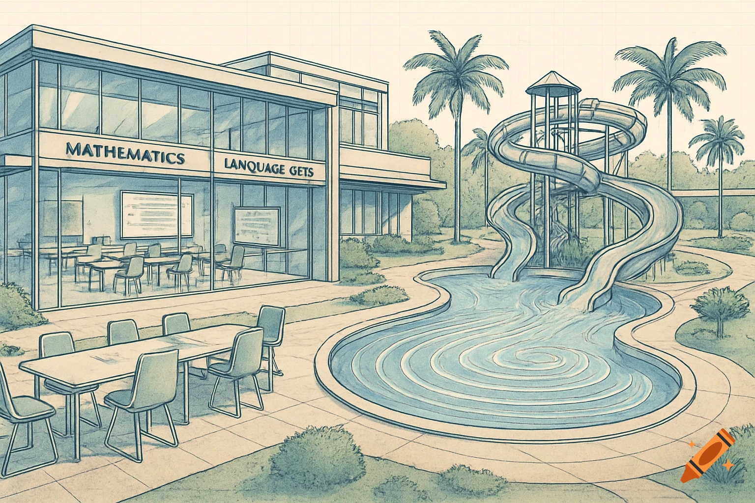 Blueprint style illustration of an institute building with math classrooms, a water park with slides, and an outdoor dining area.