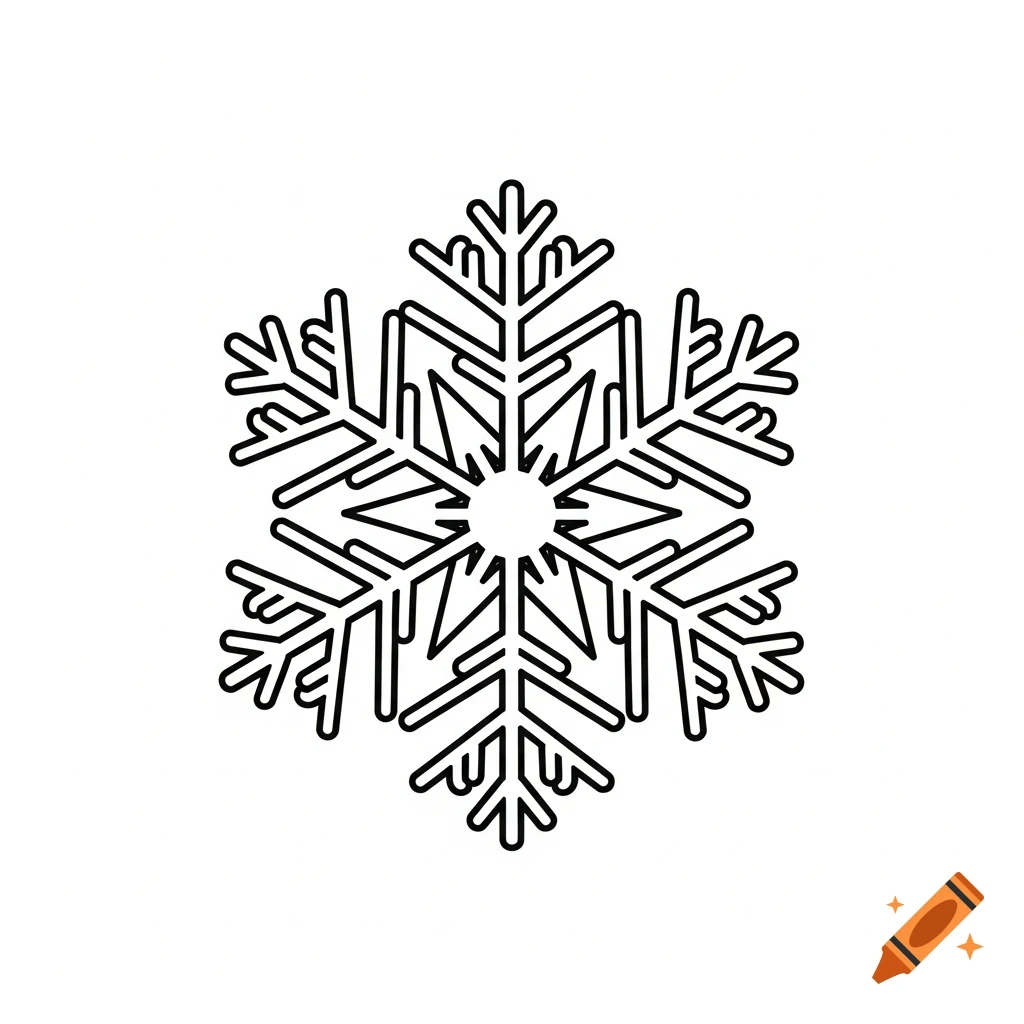 A minimalist black outline of a snowflake with a circular center on a white background, in vector clipart style.
