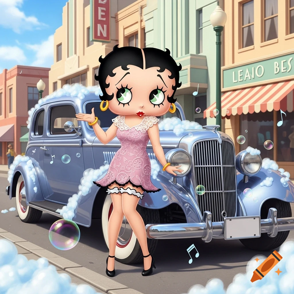 Betty Boop-style cartoon character in a pink dress washing a vintage blue car covered in soap suds and bubbles on a street.