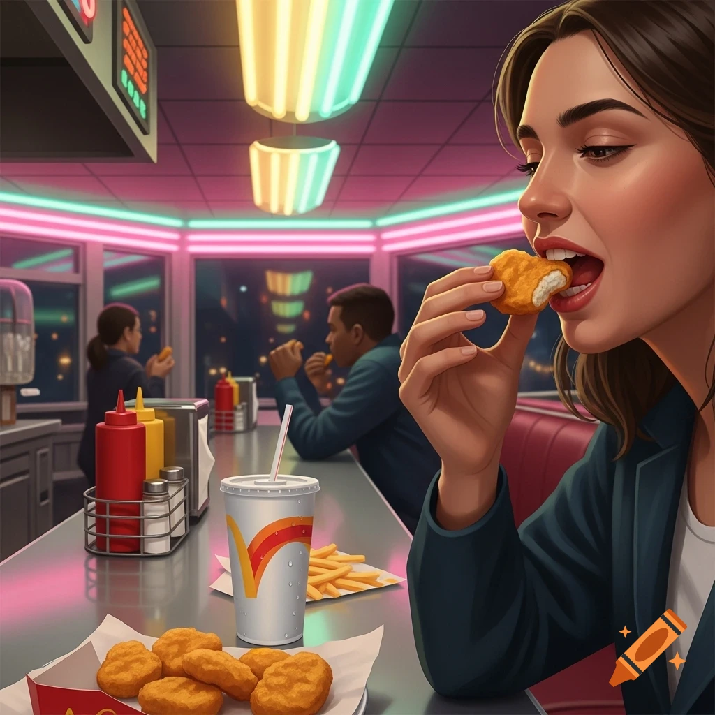 A woman eats a chicken nugget in a retro-themed diner with neon lights. There's a soda, fries, and more nuggets on the counter.