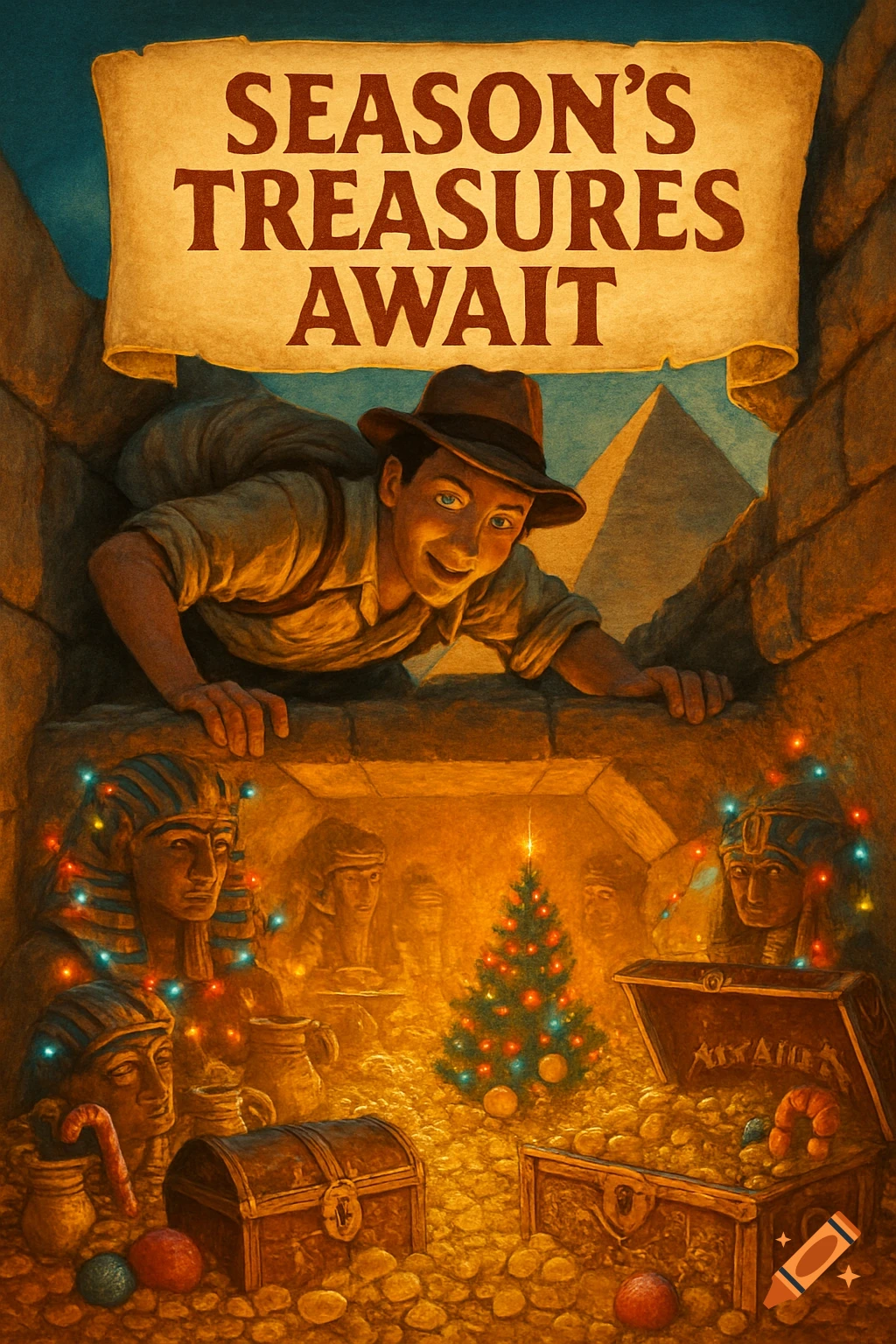 A smiling adventurer crawls into a golden Egyptian pyramid treasure chamber filled with gold, statues, and Christmas decorations like a tree and string lights, in a vintage poster style.