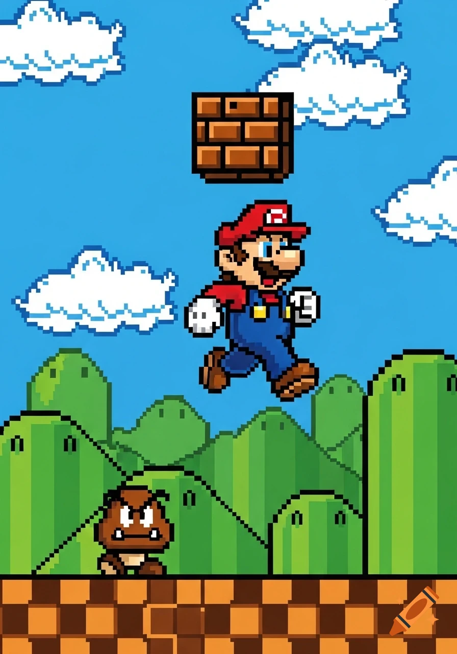 Pixel art of Super Mario jumping towards a brick block, with a Goomba on the ground, against a blue sky with clouds and green hills.