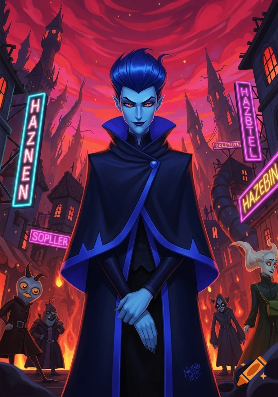 A blue-skinned character with dark hair and a black and blue cape stands in a dark, stylized city with neon signs and a red sky, in a Hazbin Hotel style.