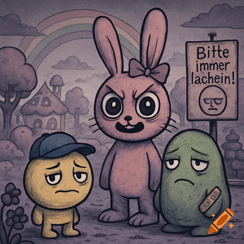 A cartoon of a frowning yellow character, an angry pink bunny, and a sad green blob with a bandage, standing in a desaturated fantasy world with a sign reading "Bitte immer lächeln!"