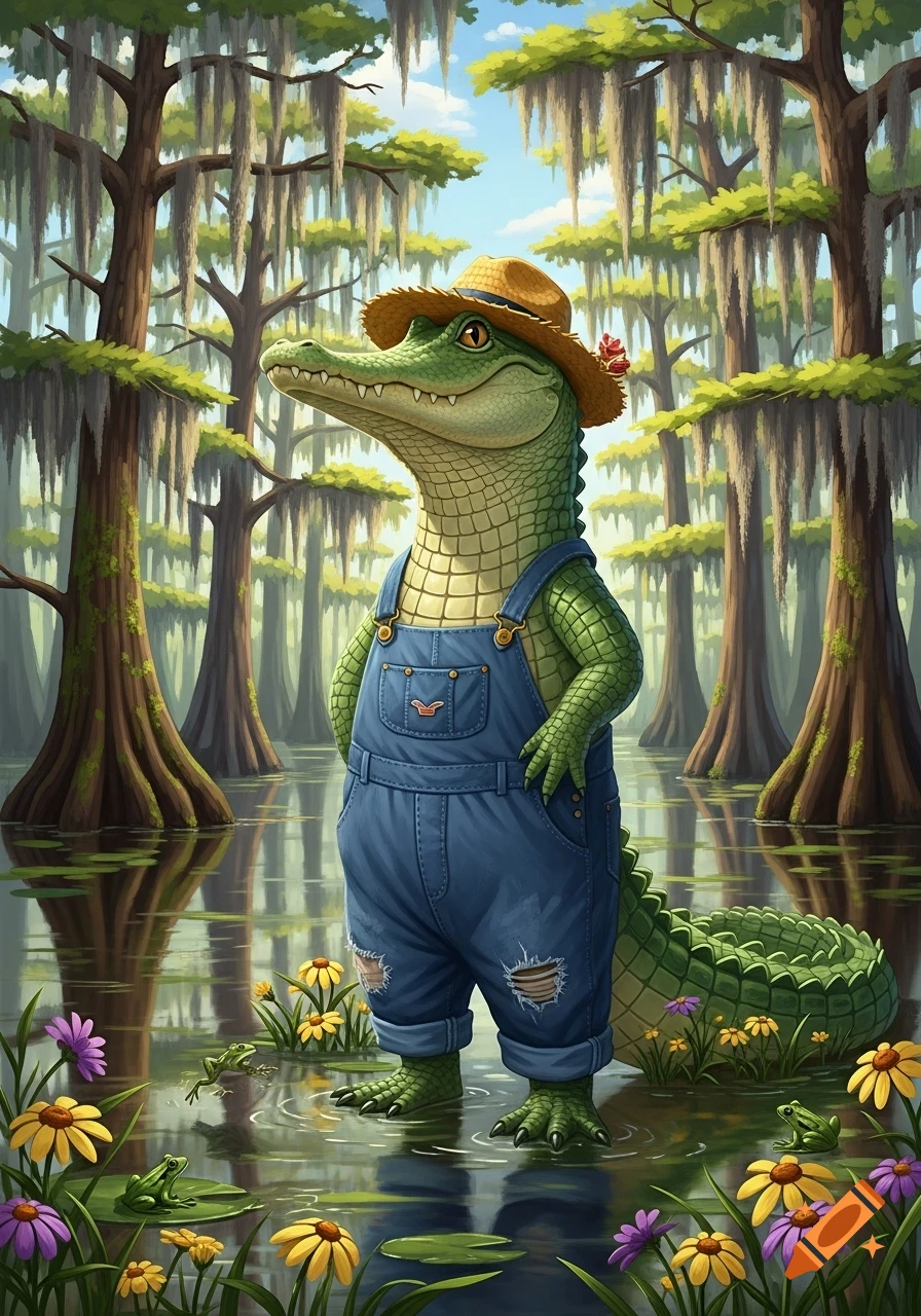 A cartoon alligator in a straw hat and blue overalls stands in a swamp with cypress trees, flowers, and frogs.