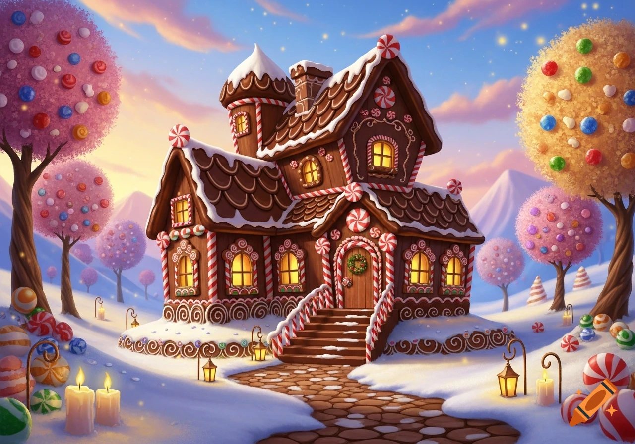 A whimsical gingerbread house in a snowy, candy-filled landscape with colorful trees under a vibrant sky.