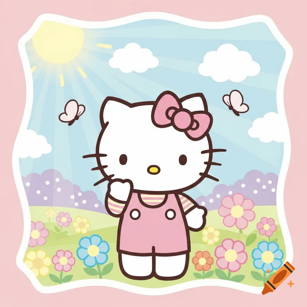 Hello Kitty cartoon in a pink dress standing in a sunny field with flowers and butterflies, against a pink border.