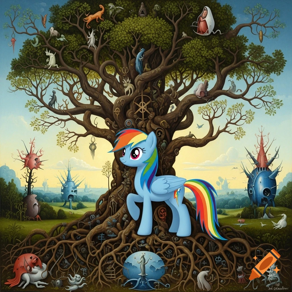 Rainbow Dash stands by a large, gnarled tree filled with surreal creatures in a detailed, Hieronymus Bosch-inspired fantasy landscape.