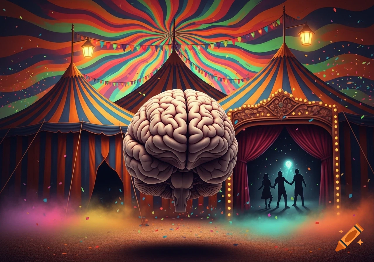 A detailed human brain floating centrally in front of a vibrant, psychedelic circus scene with tents, confetti, and silhouetted figures.