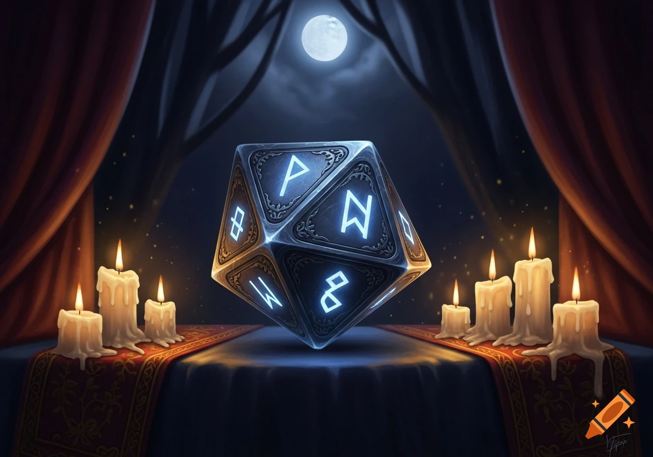 A mystical runic die glows on a draped table, surrounded by lit candles under a full moon at night, in a fantasy art style.