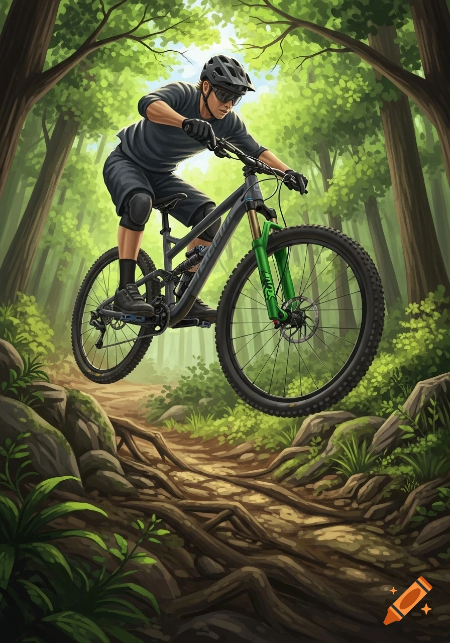 An illustration of a mountain biker on a dark grey full-suspension bike with a green fork, jumping on a rooty forest trail.