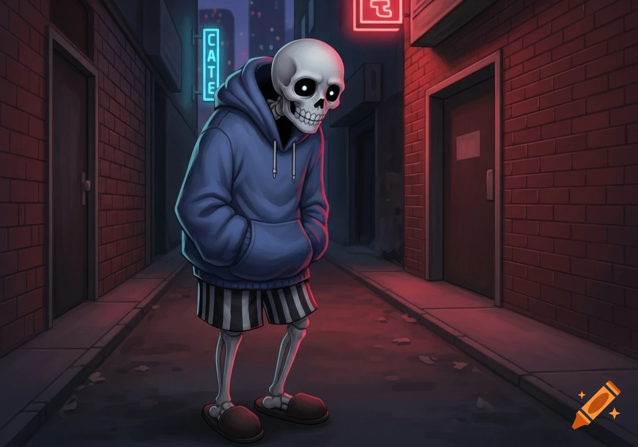 A skeletal figure in a blue hoodie, striped shorts, and slippers stands in a dark, neon-lit urban alleyway.