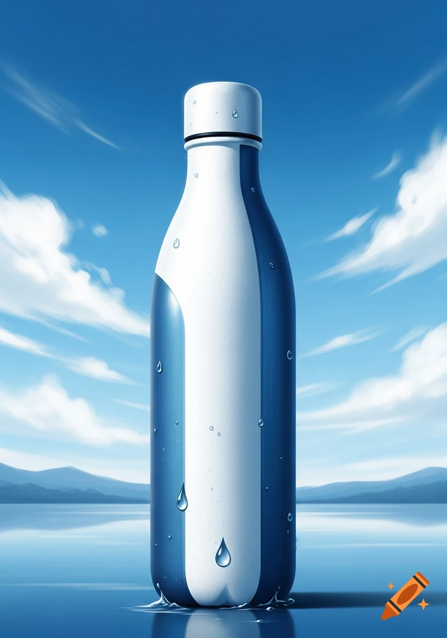 A blue and white water bottle with water droplets stands in serene water, under a blue sky with clouds and distant mountains.