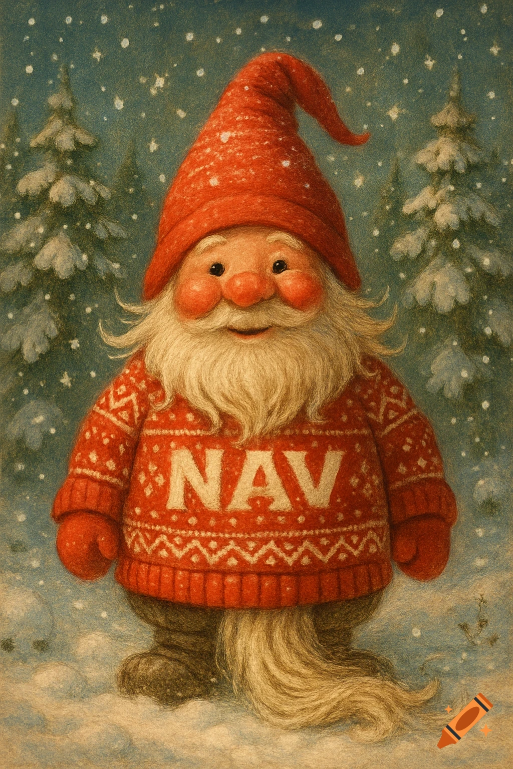 A cheerful Norwegian Christmas gnome with a red hat and a red-and-white sweater with 'NAV' on it, standing in a snowy forest.