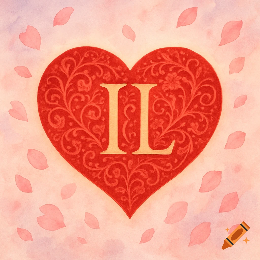 A red heart with floral patterns and 'IL' in the center, surrounded by pink petals on a watercolor background.