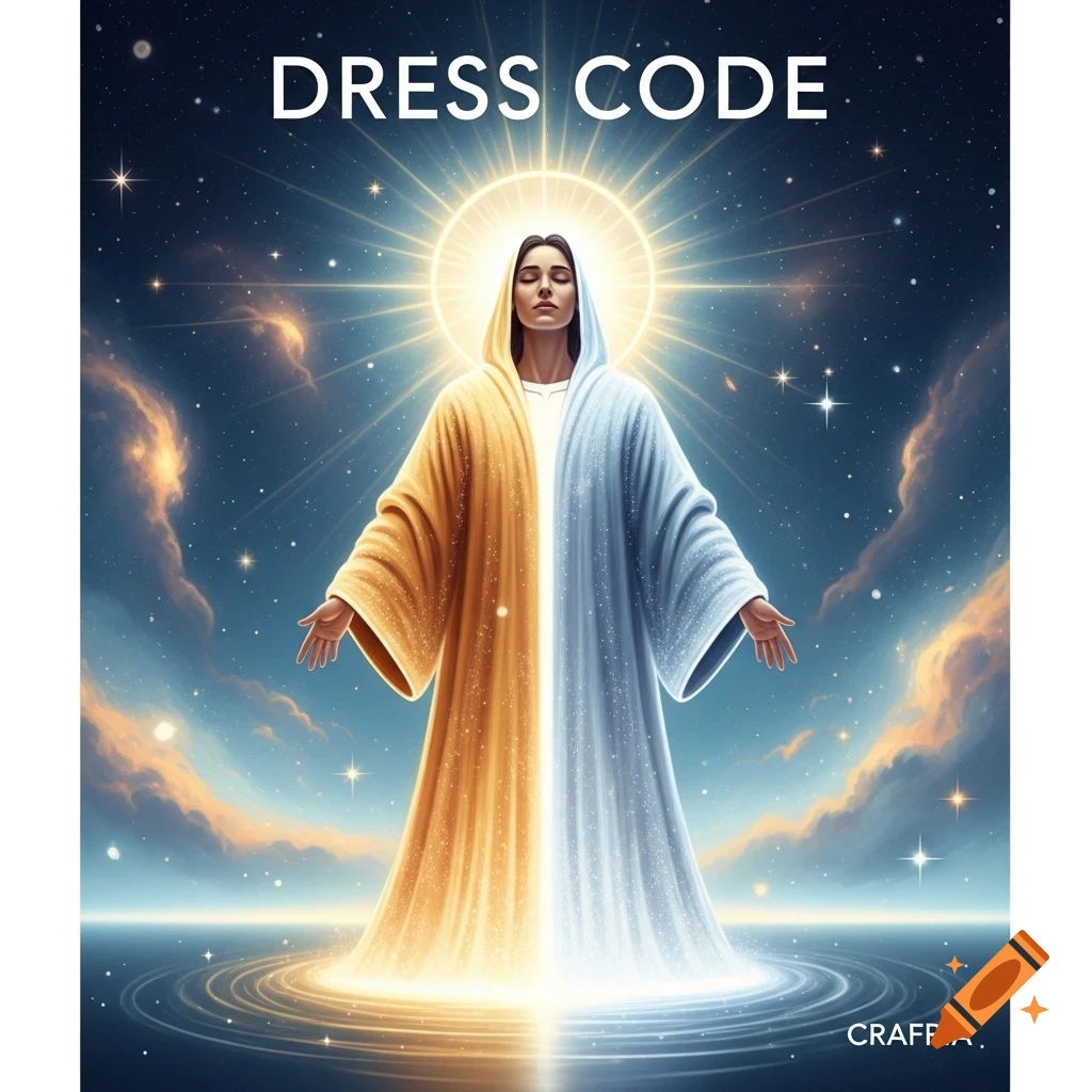 Spiritual figure in split gold and blue robes with a halo, standing on water against a starry sky. Text: DRESS CODE.