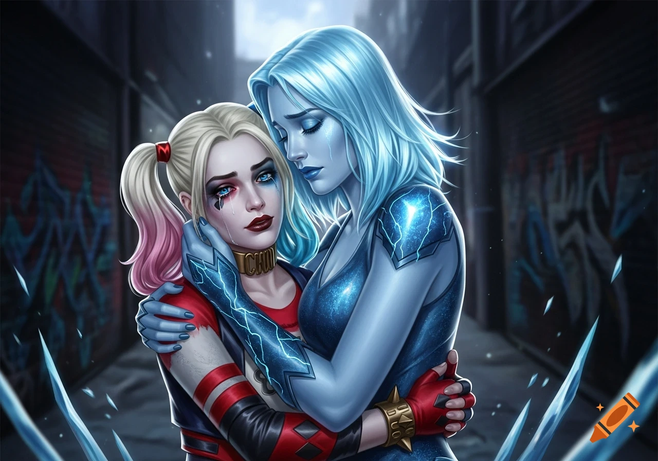 Killer Frost embraces a crying Harley Quinn in a dark, graffiti-filled alley, rendered in a detailed digital painting style.
